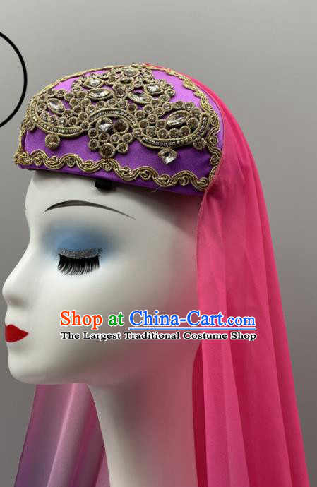 Chinese Ethnic Women Headwear Uyghur Nationality Dance Headpiece Uyghurs Ethnic Stage Performance Purple Hat