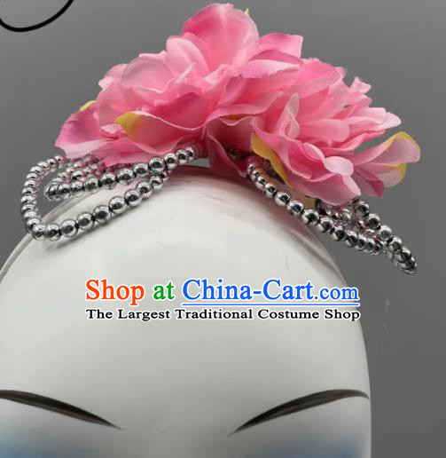China Woman Solo Dance Headpiece Stage Performance Headwear Classical Dance Pink Flower Hair Jewelry