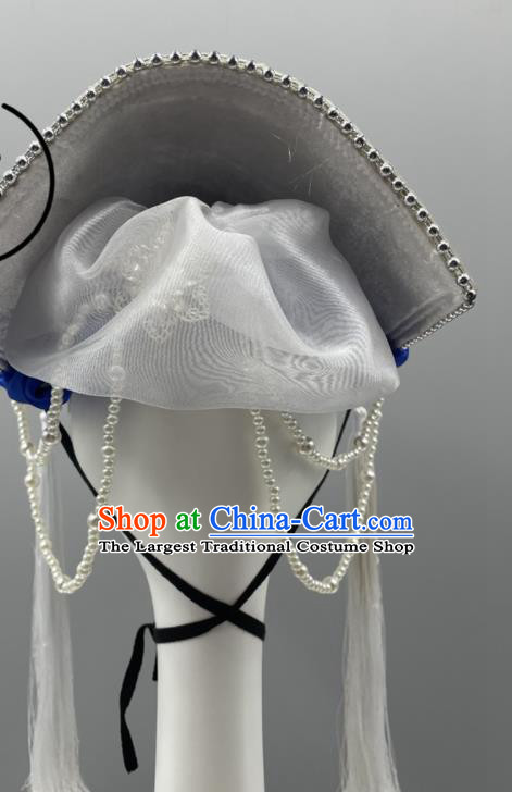 Chinese Ethnic Stage Performance White Tassel Hat Qiang Minority Women Braids Headwear Wa Nationality Dance Headpiece
