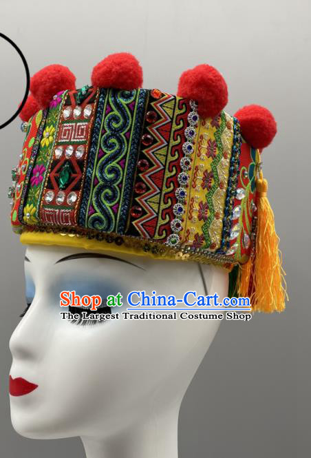 Chinese Yao Nationality Dance Headpiece Ethnic Stage Performance Red Hat Gaoshan Minority Women Headwear