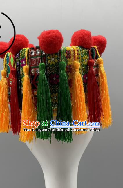 Chinese Yao Nationality Dance Headpiece Ethnic Stage Performance Red Hat Gaoshan Minority Women Headwear