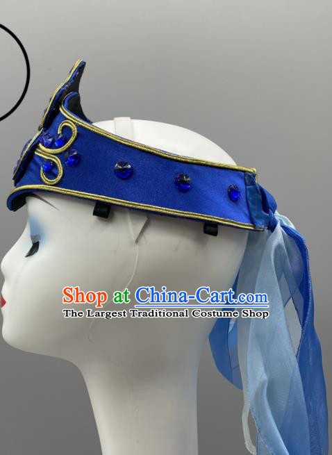 Chinese Mongol Nationality Dance Headpiece Ethnic Stage Performance Blue Hat Mongolian Minority Women Headwear