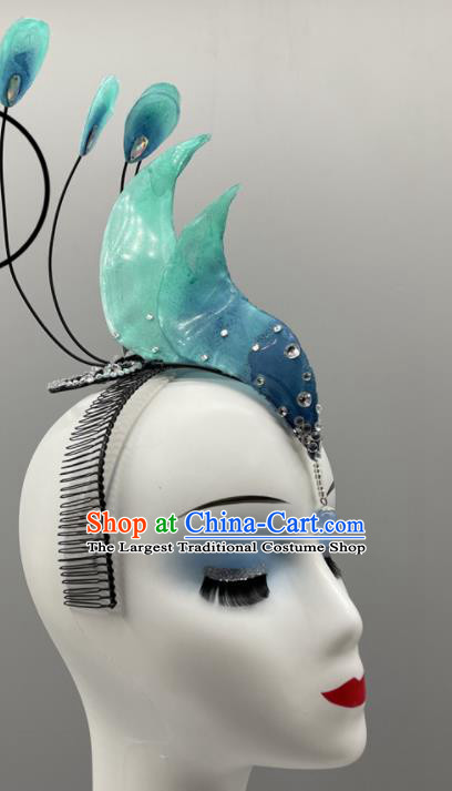Chinese Dai Nationality Blue Feather Headpiece Yunnan Ethnic Stage Performance Hair Jewelry Dai Minority Peacock Dance Headwear