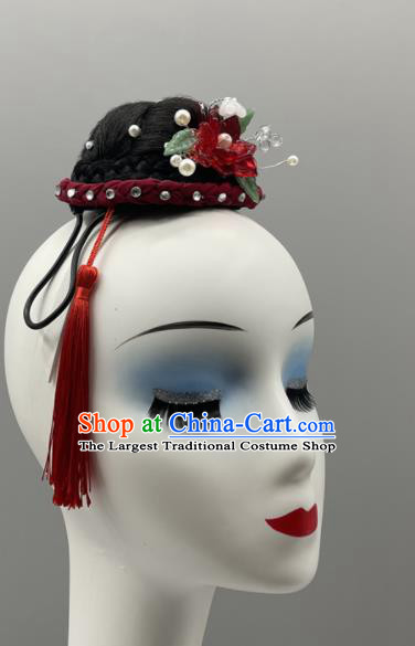China Women Group Stage Performance Headwear Classical Dance Wig and Hair Jewelry Jiaozhou Yangko Dance Headpiece