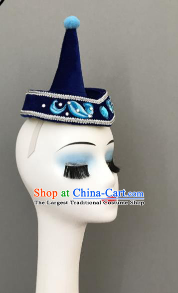 Chinese Mongolian Minority Dance Headwear Mongol Nationality Woman Headdress Ethnic Stage Performance Deep Blue Hat