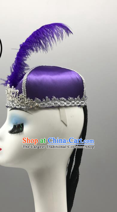 Chinese Ethnic Stage Performance Braids Headpiece Xinjiang Minority Dance Purple Feather Hat Uyghur Nationality Woman Headdress