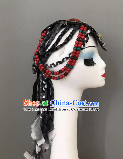 Chinese Ethnic Stage Performance Braids Headpiece Tibetan Minority Dance Hair Jewelry Zang Nationality Woman Headdress