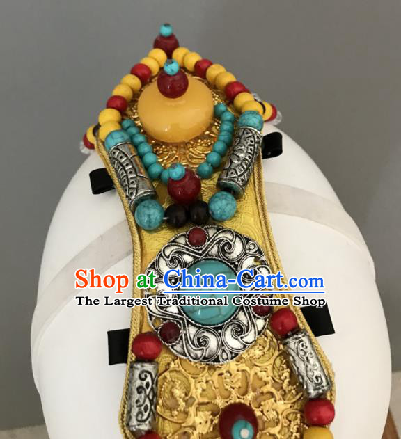 Chinese Zang Nationality Woman Headdress Ethnic Stage Performance Beads Headpiece Tibetan Minority Dance Hair Jewelry
