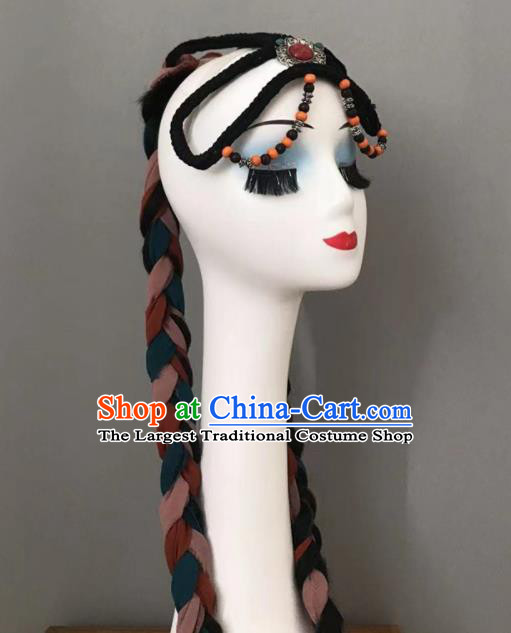 Chinese Tibetan Minority Dance Hair Jewelry Zang Nationality Woman Headdress Ethnic Stage Performance Braids Headpiece