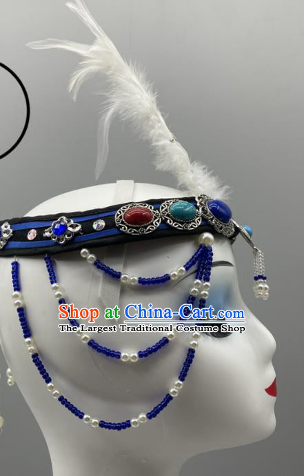 Chinese Ethnic Stage Performance Blue Beads Headpiece Mongol Minority Dance Hair Jewelry Mongolian Nationality Woman Feather Headdress