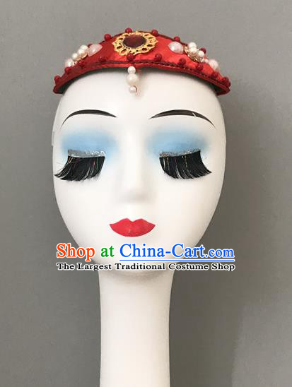 Chinese Mongolian Nationality Woman Headdress Ethnic Stage Performance Red Headpiece Mongol Minority Bowl Dance Hair Jewelry