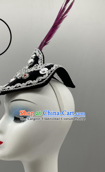 Chinese Hmong Minority Dance Headwear Miao Nationality Woman Headdress Ethnic Stage Performance Purple Feather Hair Jewelry