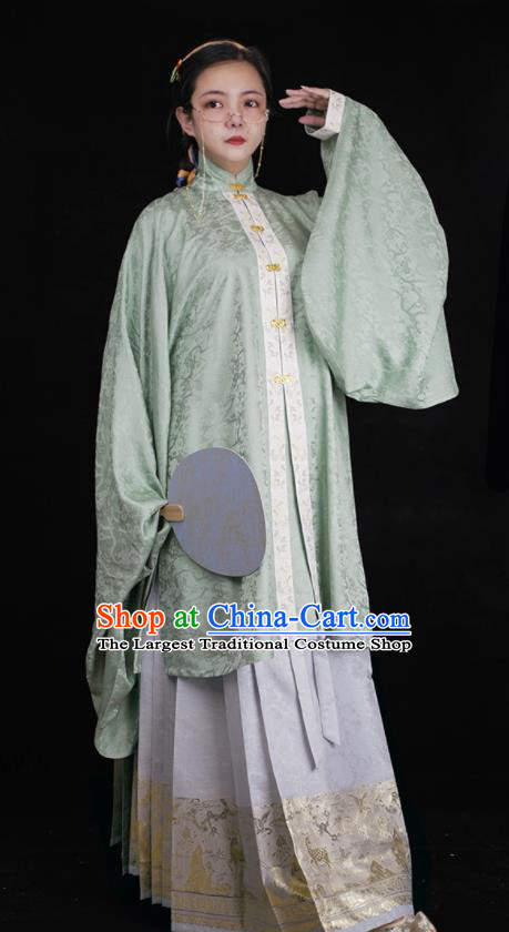 Chinese Ancient Young Mistress Clothing Traditional Hanfu Green Gown and Skirt Ming Dynasty Noble Woman Costumes