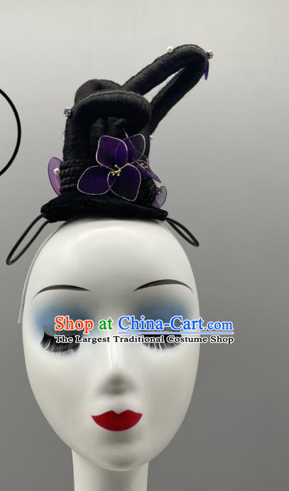 China Classical Dance Wig and Purple Flowers Hair Jewelries Ancient Beauty Dance Headpieces Women Group Stage Performance Headdress