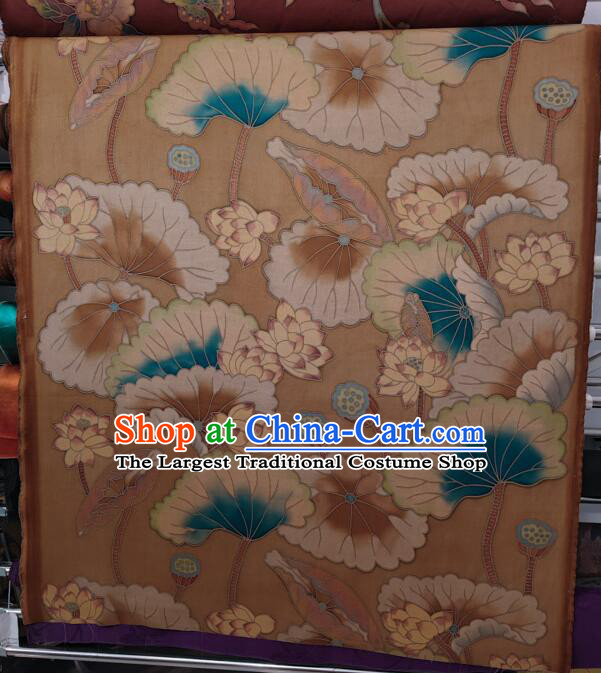Chinese Classical Lotus Pattern Design Gambiered Guangdong Gauze Fabric Traditional Cheongsam Light Brown Silk Material
