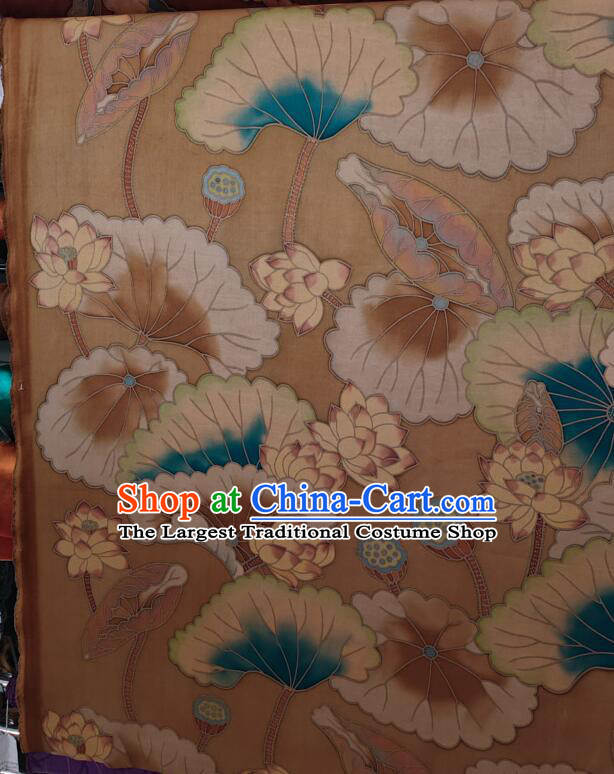 Chinese Classical Lotus Pattern Design Gambiered Guangdong Gauze Fabric Traditional Cheongsam Light Brown Silk Material
