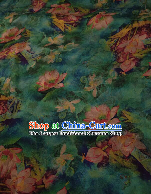 Chinese Classical Lotus Pattern Design Gambiered Guangdong Gauze Fabric Traditional Cheongsam Green Silk Material