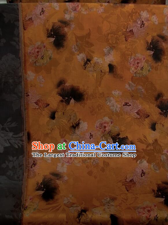 Chinese Traditional Cheongsam Orange Silk Material Classical Peony Pattern Design Gambiered Guangdong Gauze Fabric