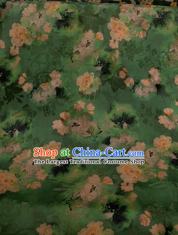 Asian Chinese Traditional Peony Pattern Design Gambiered Guangdong Gauze Fabric Green Silk Material
