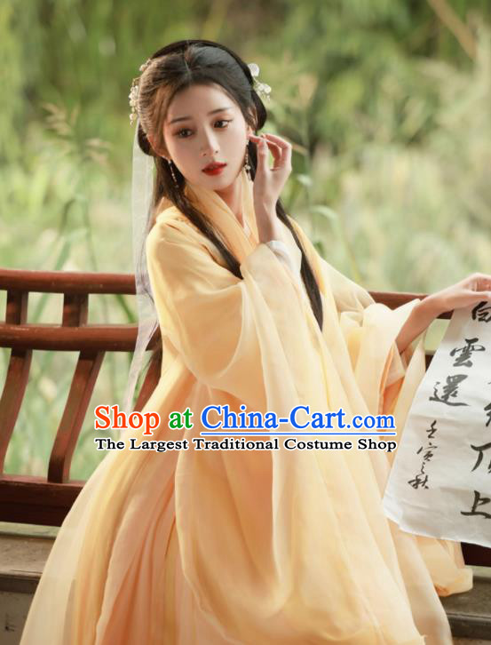 Chinese Traditional Yellow Hanfu Dress Jin Dynasty Princess Costume Ancient Goddess Clothing