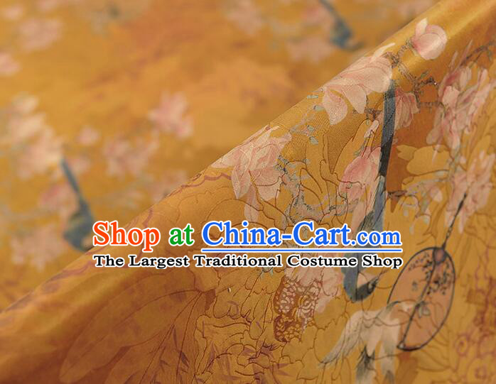 Chinese Khaki Gambiered Guangdong Gauze Traditional Flower Bird Pattern Design Dress Material Classical Jacquard Silk Fabric