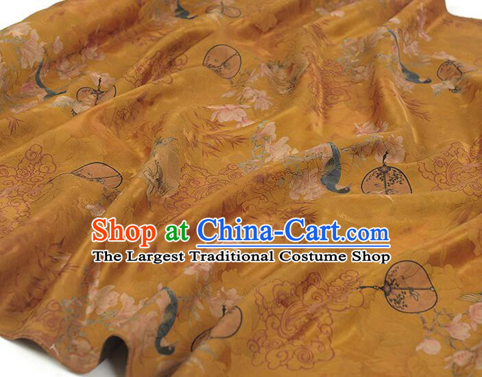 Chinese Khaki Gambiered Guangdong Gauze Traditional Flower Bird Pattern Design Dress Material Classical Jacquard Silk Fabric