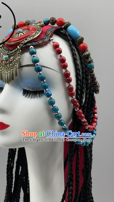 Chinese Tibetan Folk Dance Beads Headpiece Stage Performance Hair Jewelry Zang Nationality Dance Braid Headdress