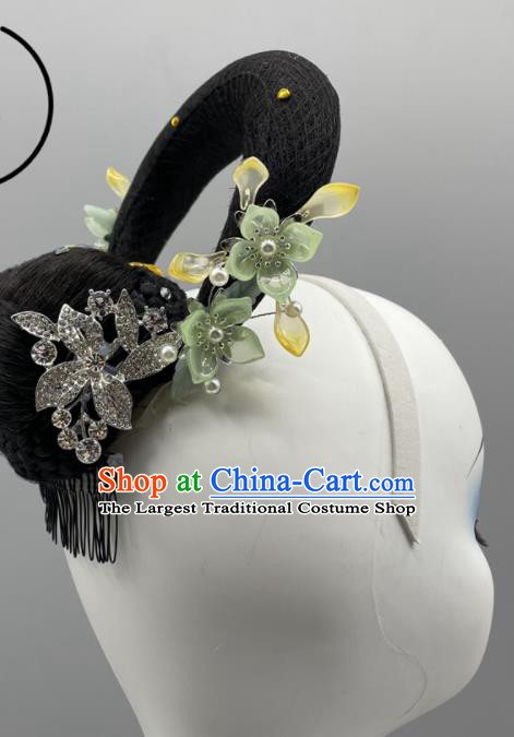 Chinese Classical Dance Hairpiece Woman Dance Competition Hair Jewelries Stage Performance Wig Chignon