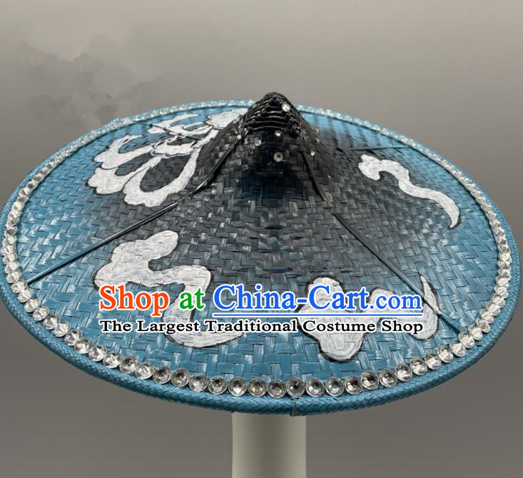 Chinese Stage Performance Headwear Dai Nationality Dance Headdress Yunnan Folk Dance Hand Painting Blue Bamboo Hat