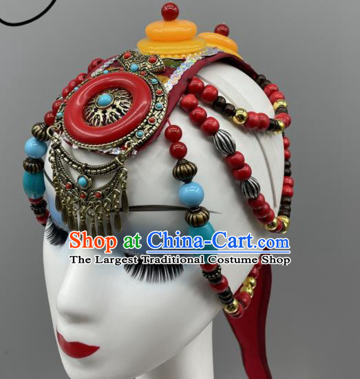 Chinese Zang Nationality Folk Dance Headdress Tibetan Dance Beads Headband Ethnic Stage Performance Hair Jewelry