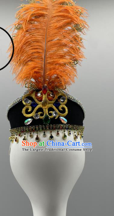 Chinese Ethnic Stage Performance Hair Jewelry Uyghur Nationality Folk Dance Headdress Xinjiang Dance Orange Feather Hat