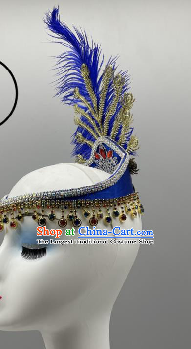 Chinese Xinjiang Dance Royal Blue Feather Hat Ethnic Stage Performance Bells Hair Jewelry Uyghur Nationality Folk Dance Headdress
