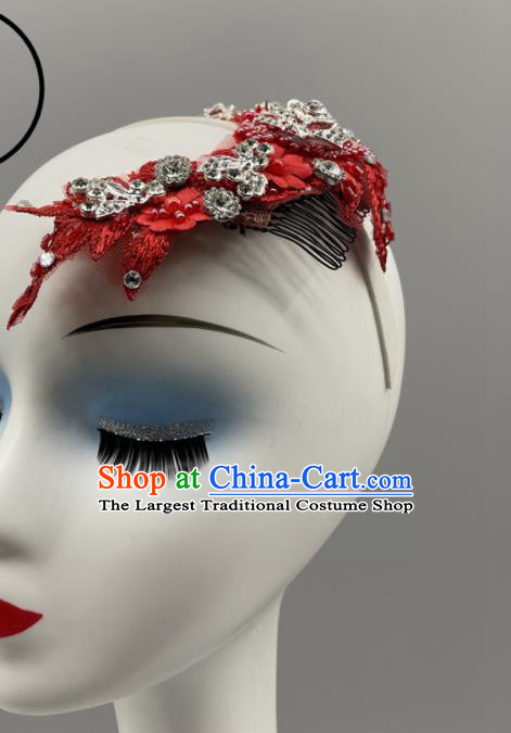 Chinese Yangko Dance Red Flower Headwear Women Group Dance Hair Jewelry Stage Performance Hair Comb Folk Dance Headpiece