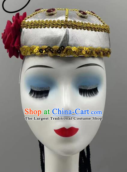 Chinese Uyghur Nationality Folk Dance Braids Headdress Xinjiang Dance Silvery Hat Ethnic Stage Performance Headwear