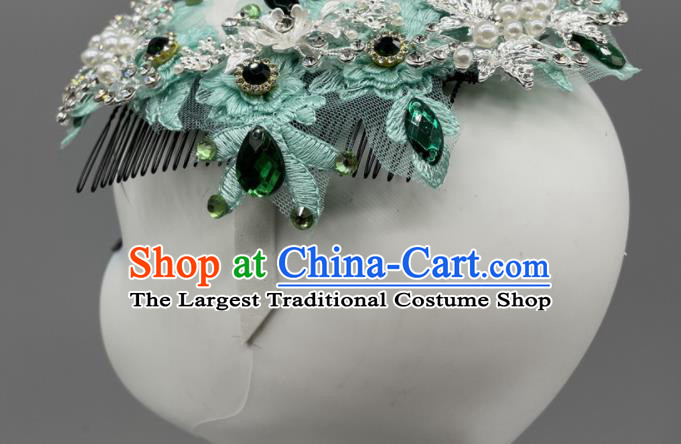 Chinese Folk Dance Headpiece Yangko Dance Green Flower Headwear Women Group Dance Hair Jewelry Stage Performance Hair Comb