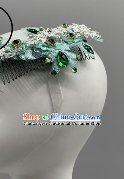 Chinese Folk Dance Headpiece Yangko Dance Green Flower Headwear Women Group Dance Hair Jewelry Stage Performance Hair Comb