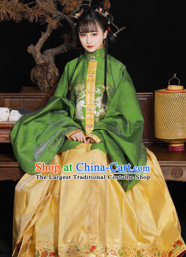 Chinese Ming Dynasty Young Beauty Garment Costumes Ancient Noble Lady Clothing Traditional Hanfu Green Blouse and Yellow Skirt Complete Set