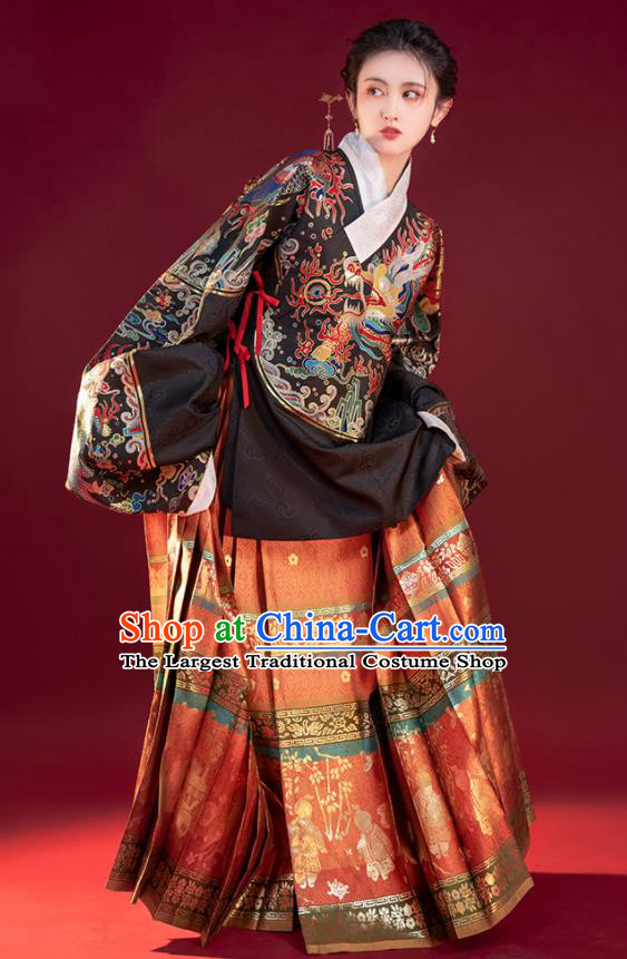 Chinese Traditional Hanfu Black Kylin Blouse and Red Skirt Ming Dynasty Noble Lady Garment Costumes Ancient Imperial Consort Clothing