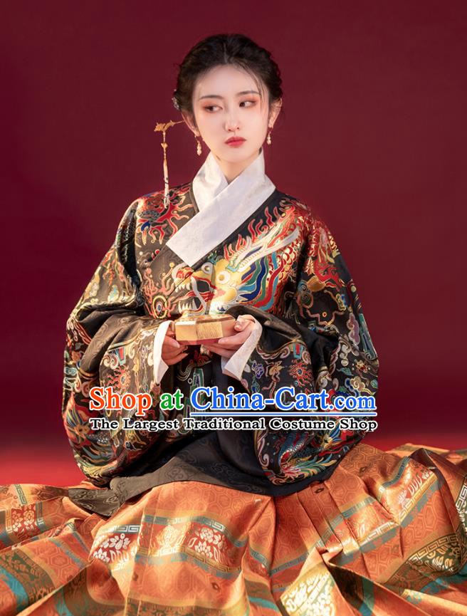 Chinese Traditional Hanfu Black Kylin Blouse and Red Skirt Ming Dynasty Noble Lady Garment Costumes Ancient Imperial Consort Clothing