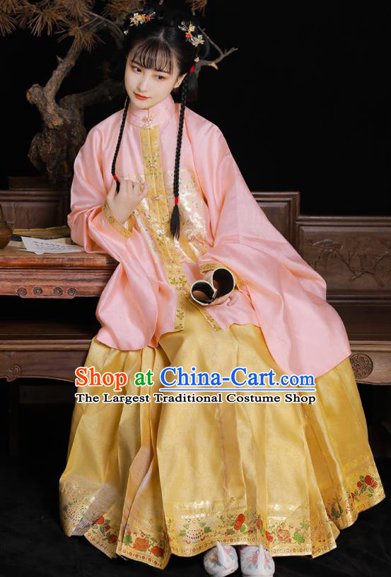 Chinese Ming Dynasty Princess Garment Costumes Traditional Hanfu Dress Ancient Palace Beauty Clothing Pink Blouse and Yellow Skirt Complete Set