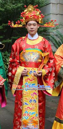 Chinese Traditional New Year Celebration Red Gown Fortune God Garment Costumes Ancient God of Wealth Clothing