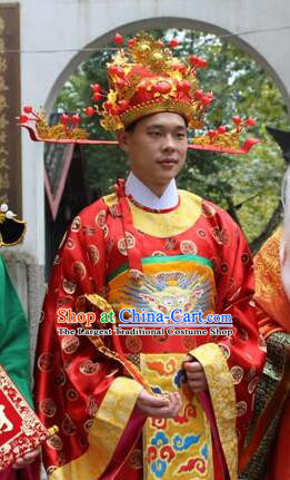 Chinese Traditional New Year Celebration Red Gown Fortune God Garment Costumes Ancient God of Wealth Clothing
