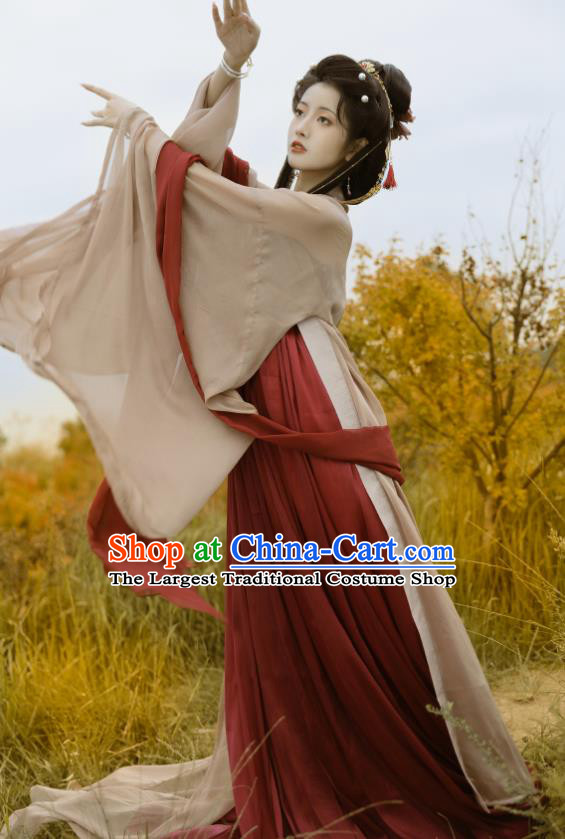 Chinese Tang Dynasty Princess Garment Costumes Traditional Dark Red Hanfu Dresses Ancient Goddess Clothing