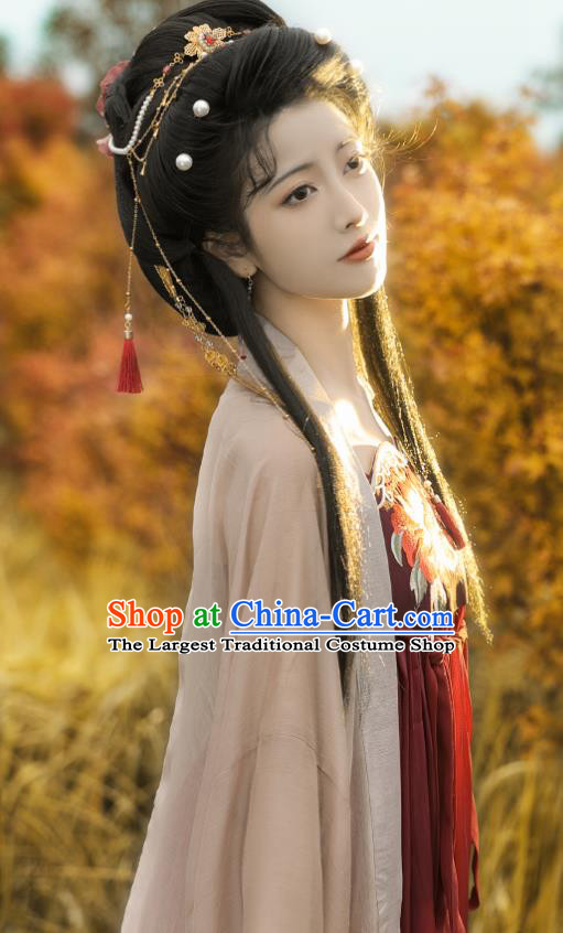 Chinese Tang Dynasty Princess Garment Costumes Traditional Dark Red Hanfu Dresses Ancient Goddess Clothing