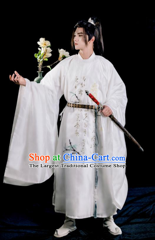 Chinese Ancient Young Childe Clothing Song Dynasty Prince Swordsman Garment Costumes Traditional Scholar White Embroidered Robe
