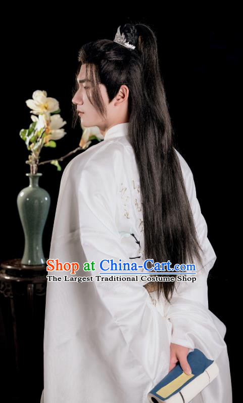 Chinese Ancient Young Childe Clothing Song Dynasty Prince Swordsman Garment Costumes Traditional Scholar White Embroidered Robe