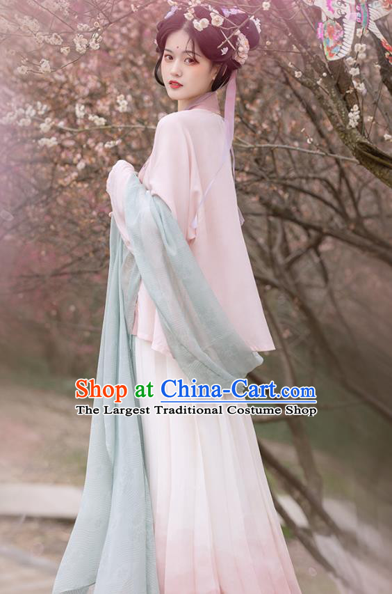 China Ancient Young Lady Costumes Traditional Song Dynasty Civilian Woman Pink Hanfu Dresses
