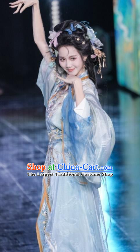 China Ancient Noble Lady Costumes Traditional Embroidered Hanfu Warring States Period Empress Blue Dresses