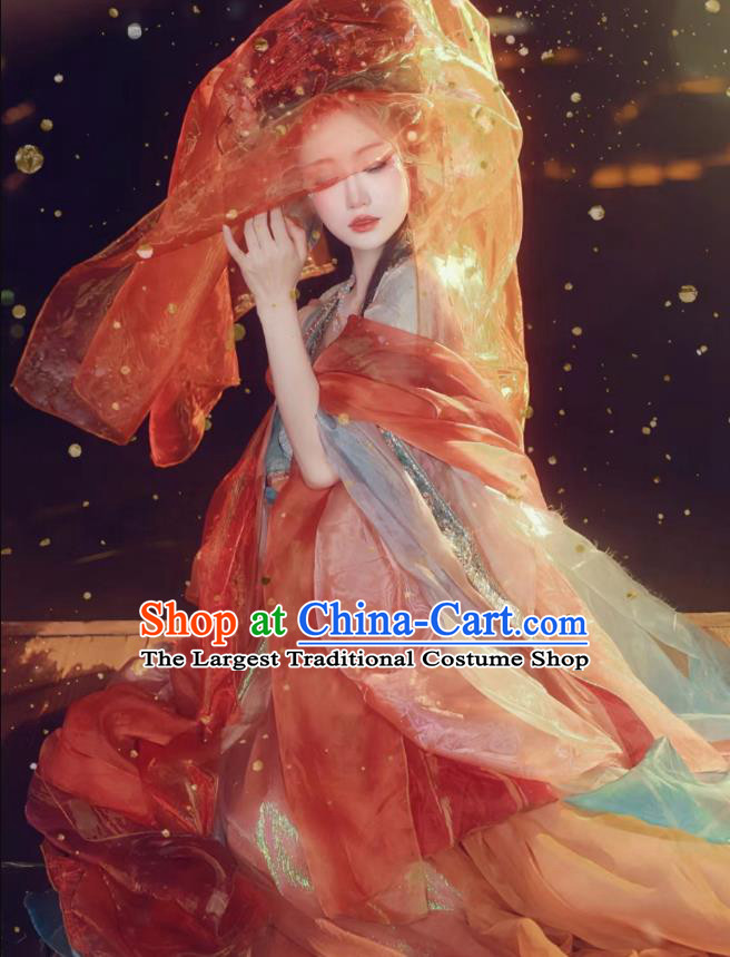 China Tang Dynasty Empress Red Dresses Ancient Butterfly Fairy Costumes Traditional Embroidered Hanfu
