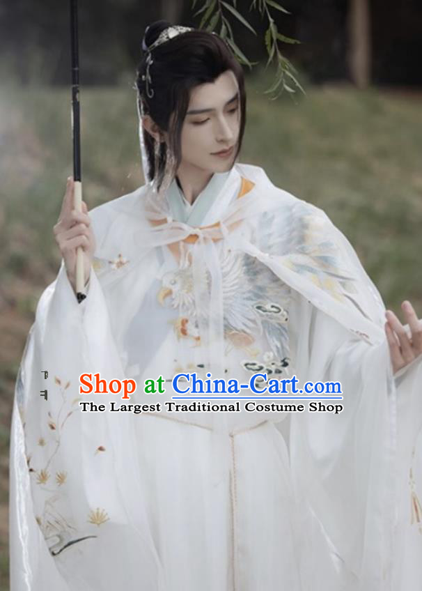 China Ancient Swordsman Costume Ming Dynasty Male White Cape Traditional Hanfu Embroidered Cloak